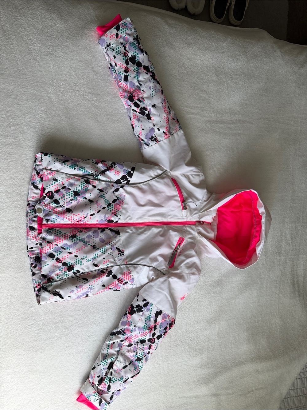 Girls' White Hooded Puffer Jacket with Pink Accents
